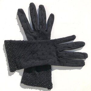 Black Beaded Evening Gloves XS or S Stretch Nylon vtg Hong Kong formal glam goth